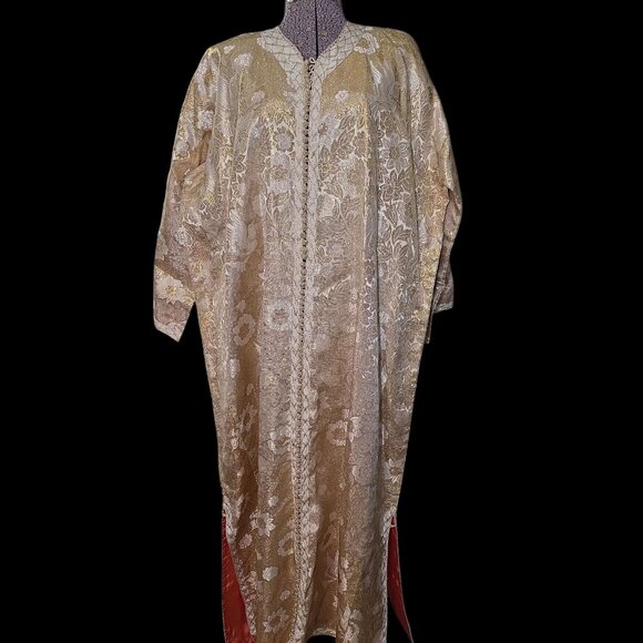Stunning 1960's-70's Moroccan Gold Metallic & Off-White Rayon Brocade Kaftan - Picture 5 of 10